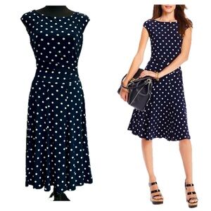 Lauren Ralph Lauren dark navy blue white Polka-Dot fit flare Jersey Dress Sz 2